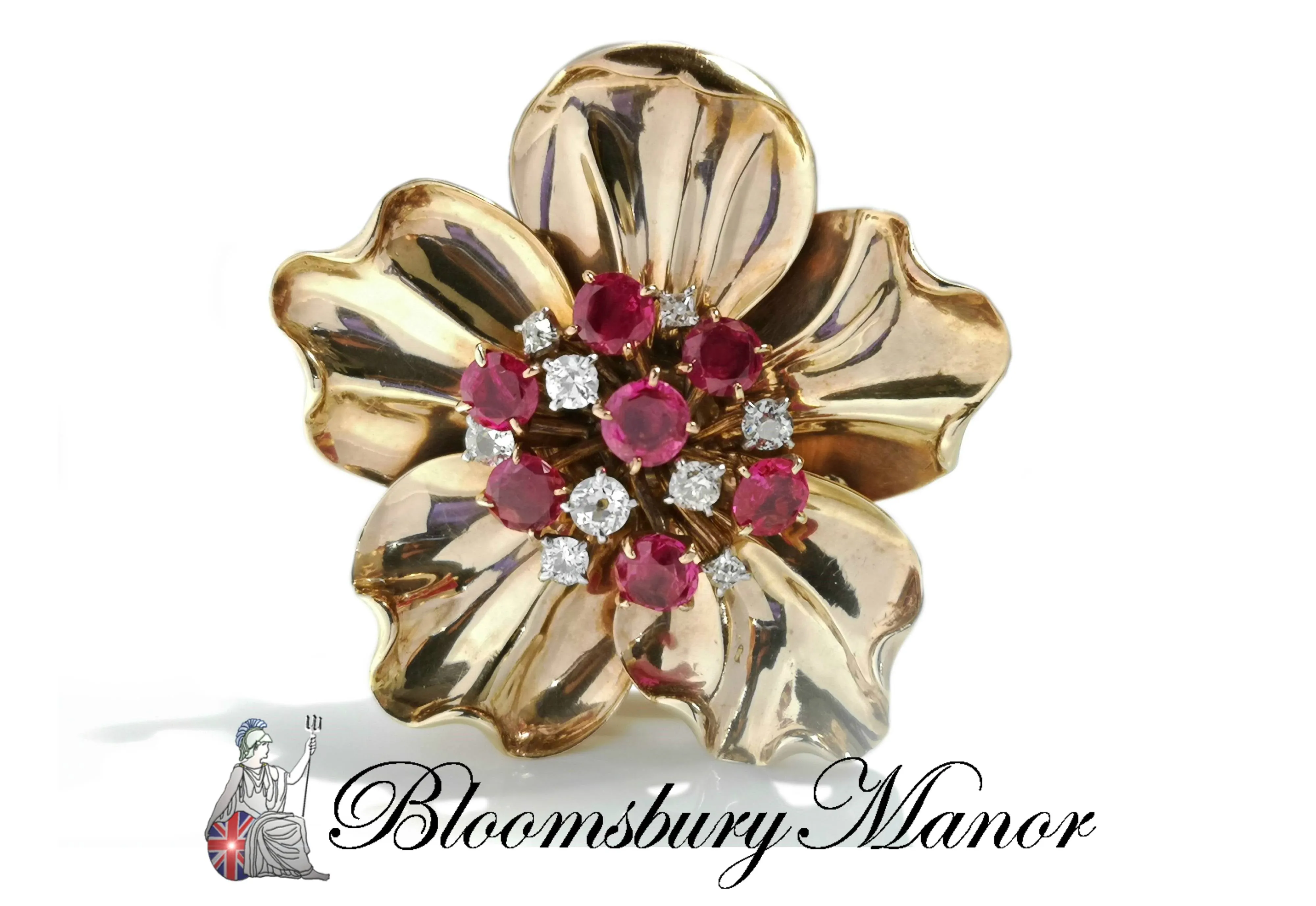 Cartier 1950s 2.5ct Burmese Ruby .50ct Old Cut Diamond Flower Brooch