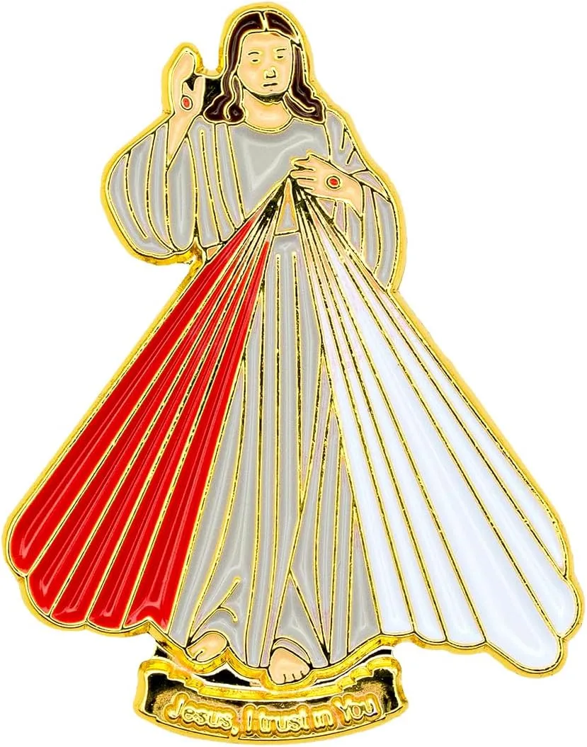 Catholic Town Divine Mercy Lapel Pin "Jesus I Trust in You" Small Gold Tone with Color (DMP-G)