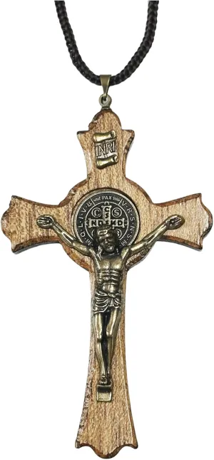Catholica Shop Saint Benedict Medal Wood Crucifix Cord Necklace for Men & Women  Handcrafted Religious Pendant, Healing, Travel Protection, Perfect for Gifting on Special Occasions, Made in Brazil