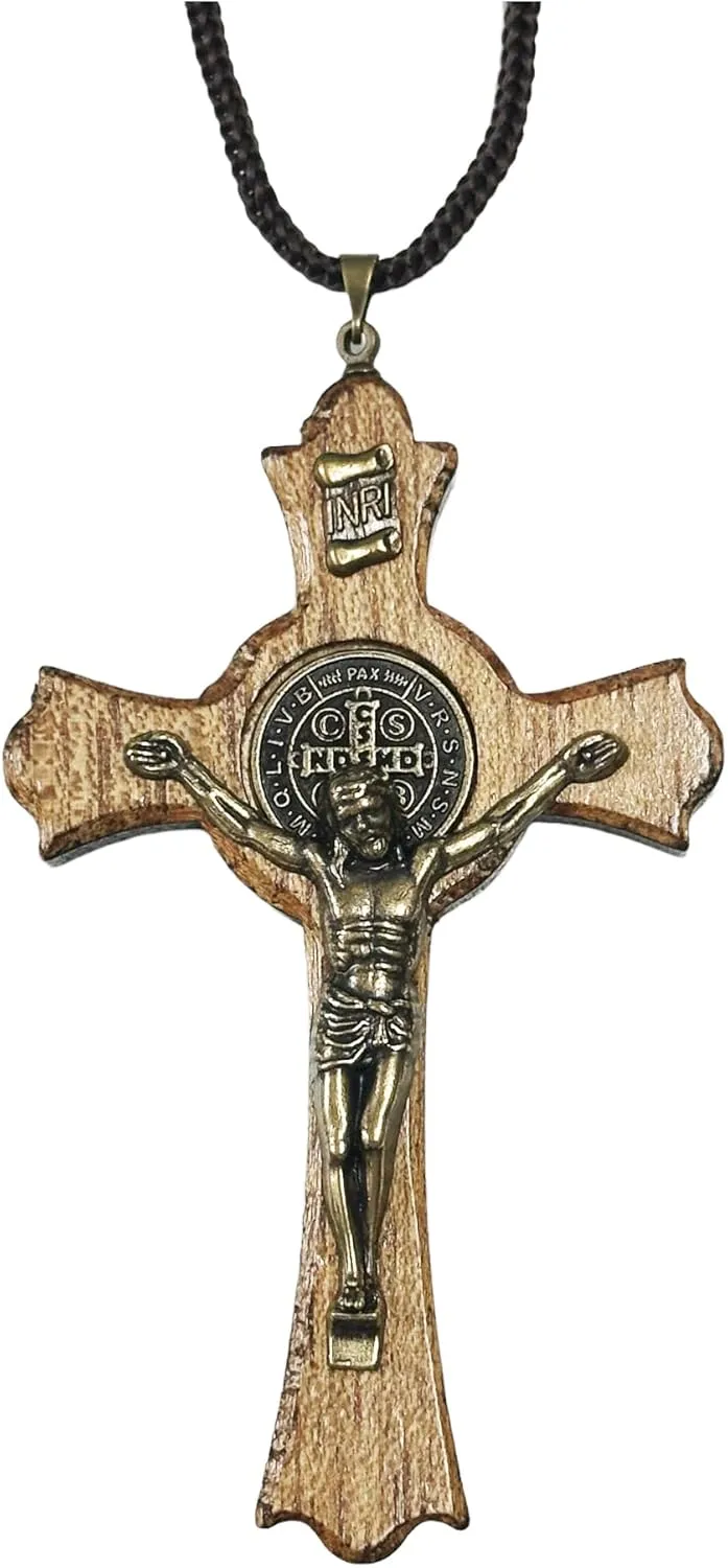 Catholica Shop Saint Benedict Medal Wood Crucifix Cord Necklace for Men & Women  Handcrafted Religious Pendant, Healing, Travel Protection, Perfect for Gifting on Special Occasions, Made in Brazil
