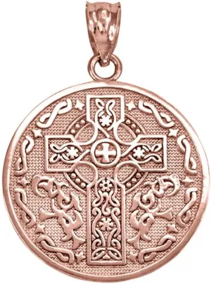 Celtic Cross Irish Blessing Textured Coin Medallion Pendant Necklace Fine Real Solid 10Kt Gold