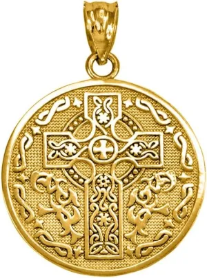 Celtic Cross Irish Blessing Textured Coin Medallion Pendant Necklace Fine Real Solid 10Kt Gold