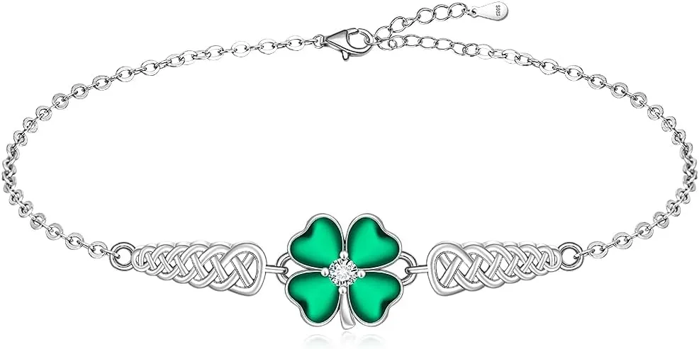 Celtic Shamrock Bracelet for Women St Patricks Day Bracelet Four Leaf Clover Sterling Silver Green Irish St. Patricks Day Jewelry Luck Birthday