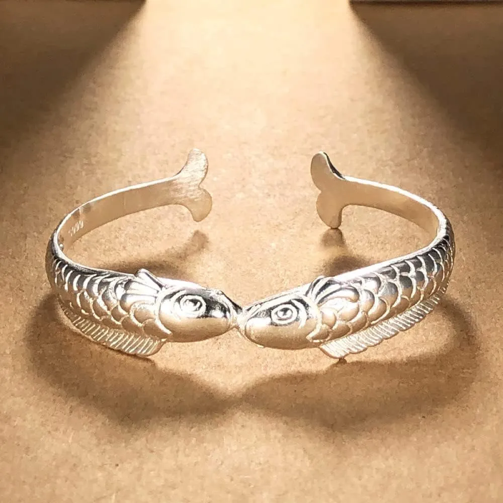 Chain Bracelets,Silver Bracelet,Fashion Bangle,Sterling Silver Bracelet For Women,Women 925 Silver Bracelet Chinese Retro Pair Fish Carve Cuff Bangle Friendship Bracelet Ladies Silver Jewellery Birthd