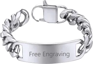 ChainsHouse Personalized ID Bracelet for Men Women Stainless Steel Cuban Curb Link Chain Custom Engrave Bar Bracelet Bangle, 7mm Width, 19-21CM, Send Gift Box