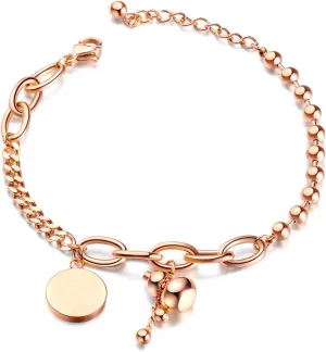Charm Rose Gold Plated Stainless Steel Gourd Pendant Bracelet for Women with Adjustable Size Round Beaded Cuban Link Chain Feng Shui Dainty Friendship Bracelet for Daily Wear and Special Occasions