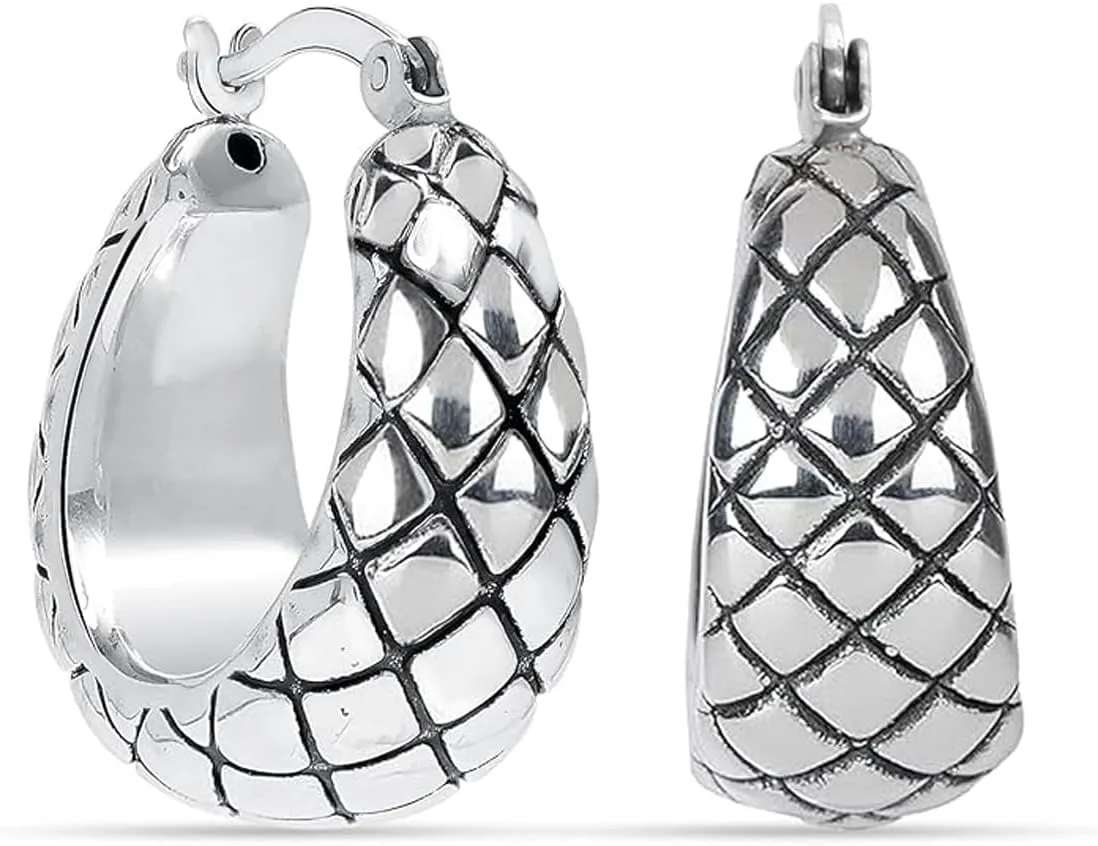 Charmsy Women's 925 Sterling Silver Chunky Hoop Earrings Jewelry | Classic Textured Click-Top Hoops Earring | Silver Hoop Earrings for Women