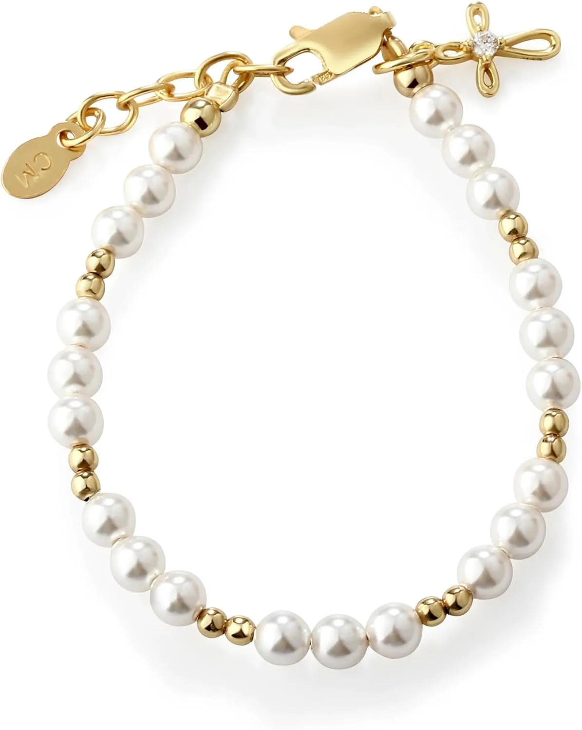 Cherished Moments Children's 14K Gold-plated Bracelet and/or Necklace with High-End Simulated Pearls and Cross Charm for Baptism, Christening or First Communion Gift for Girls