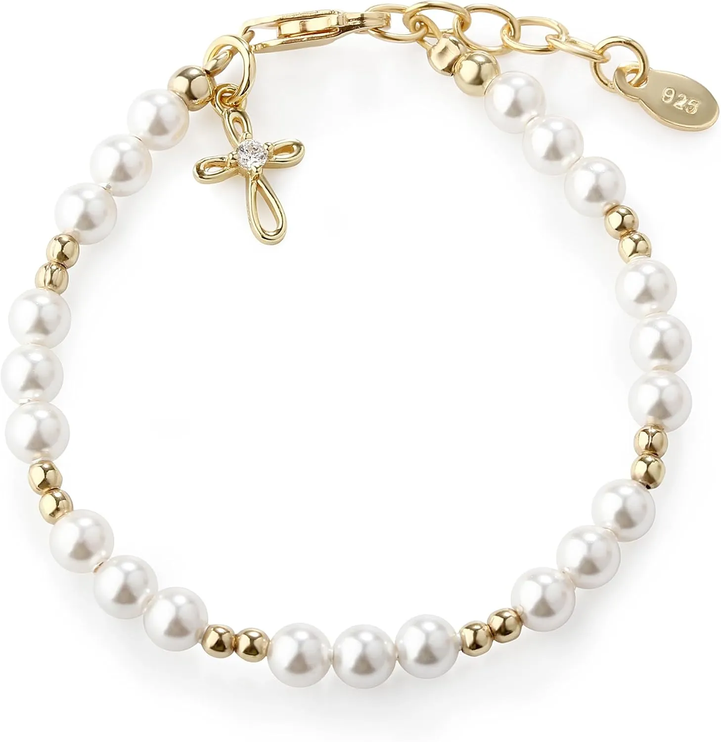 Cherished Moments Children's 14K Gold-plated Bracelet and/or Necklace with High-End Simulated Pearls and Cross Charm for Baptism, Christening or First Communion Gift for Girls