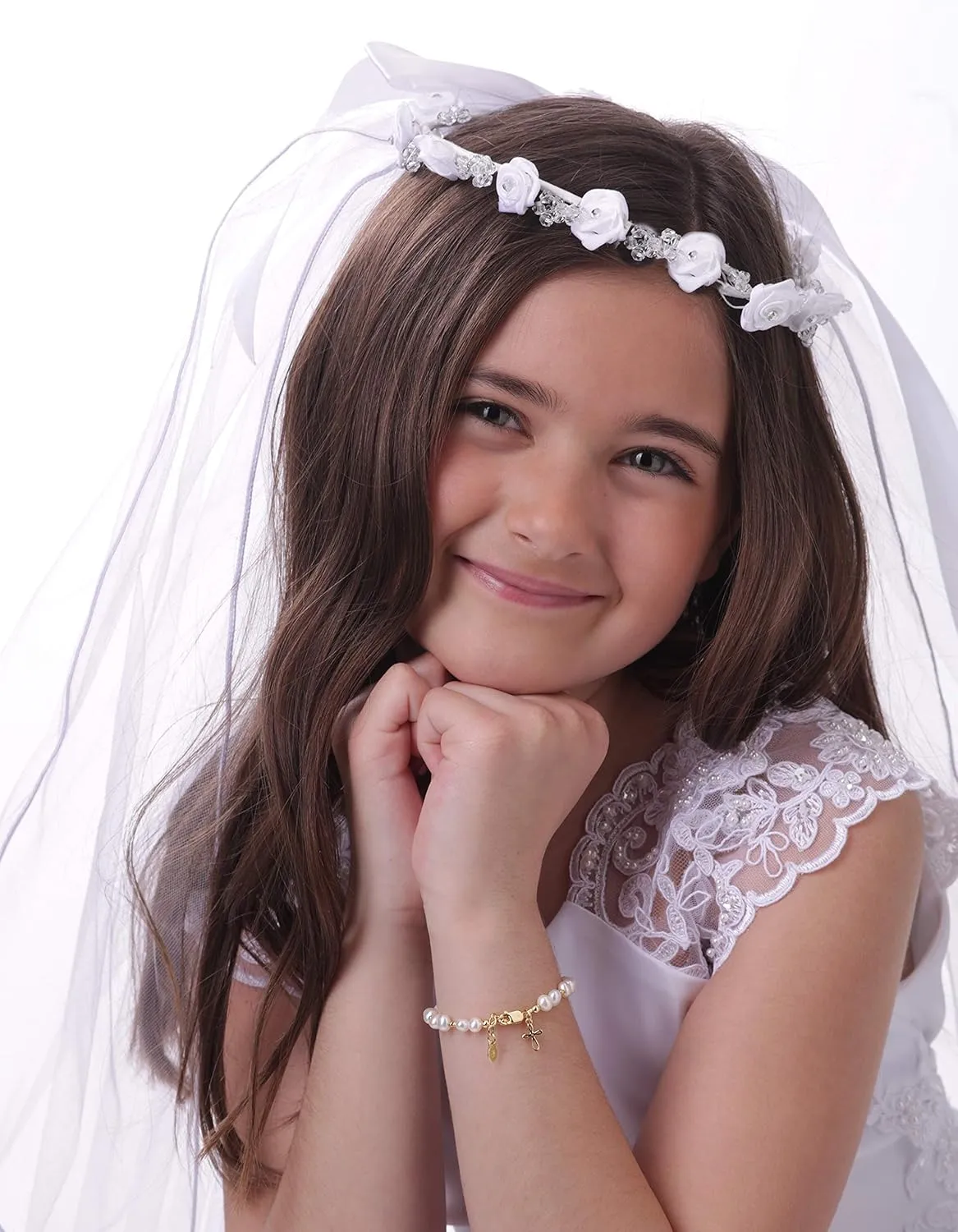 Cherished Moments Children's 14K Gold-plated Bracelet and/or Necklace with High-End Simulated Pearls and Cross Charm for Baptism, Christening or First Communion Gift for Girls