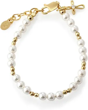 Cherished Moments Children's 14K Gold-plated Bracelet and/or Necklace with High-End Simulated Pearls and Cross Charm for Baptism, Christening or First Communion Gift for Girls