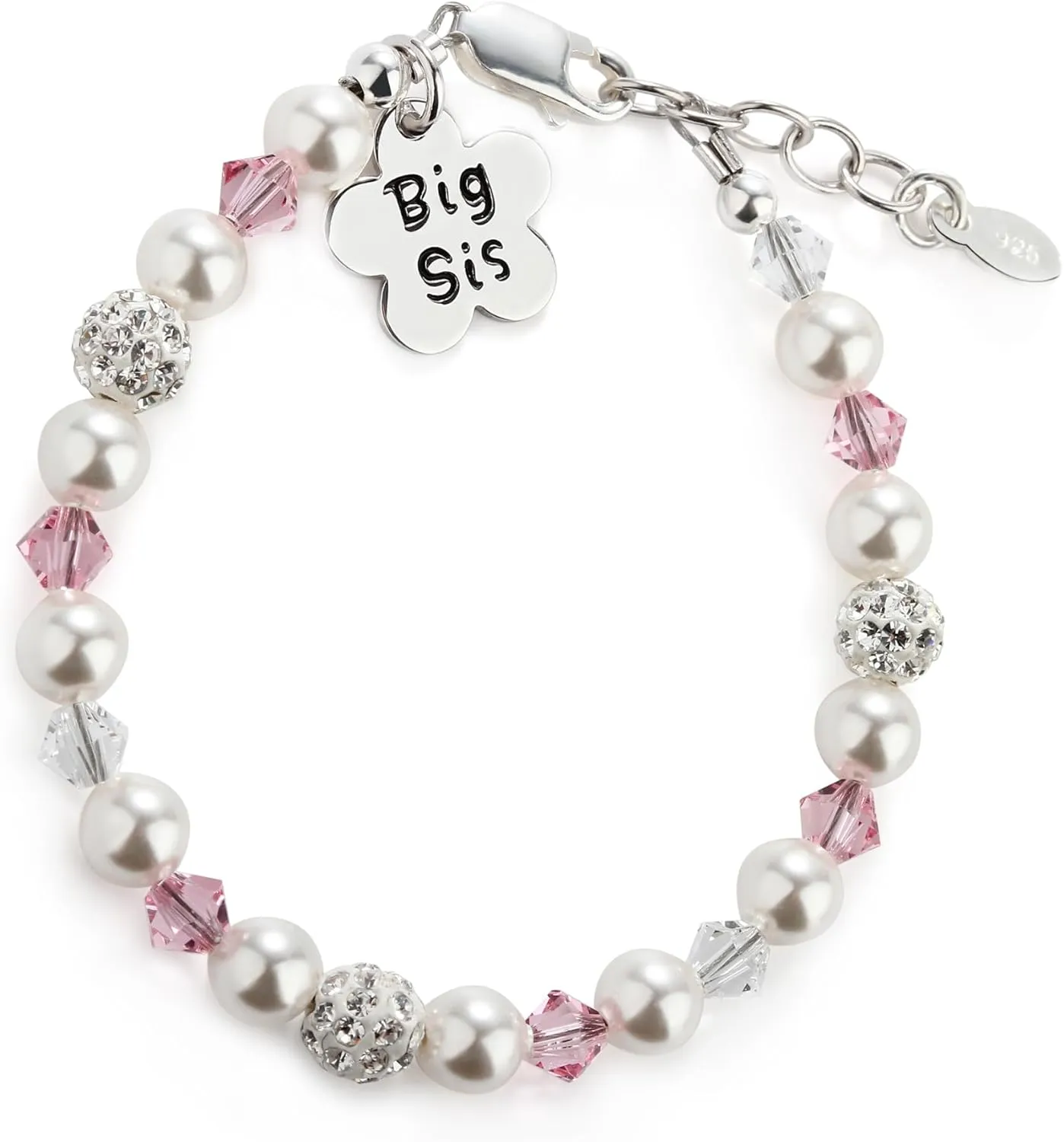 Cherished Moments Children's Sterling Silver 'Big Sis' or 'Lil Sis' Bracelet with High-End Simulated Pearls and Crystals for Matching Sister Jewelry Gifts