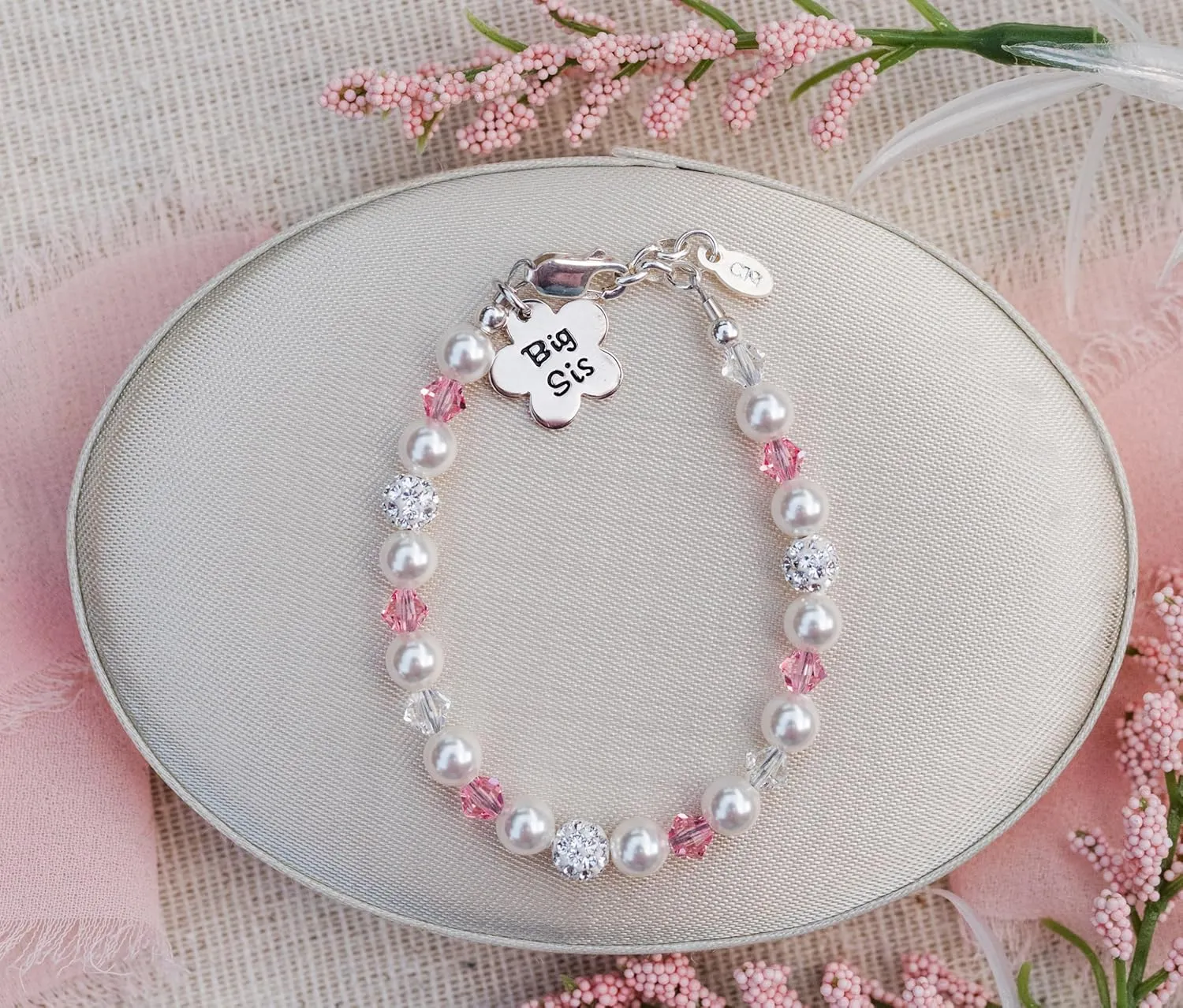 Cherished Moments Children's Sterling Silver 'Big Sis' or 'Lil Sis' Bracelet with High-End Simulated Pearls and Crystals for Matching Sister Jewelry Gifts