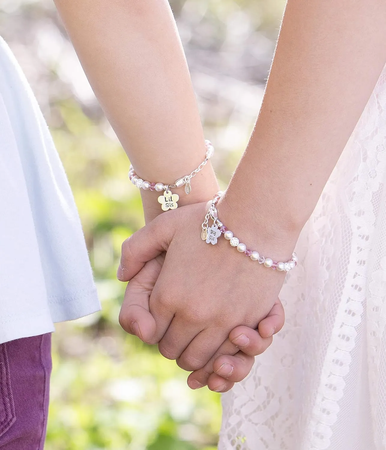 Cherished Moments Children's Sterling Silver 'Big Sis' or 'Lil Sis' Bracelet with High-End Simulated Pearls and Crystals for Matching Sister Jewelry Gifts