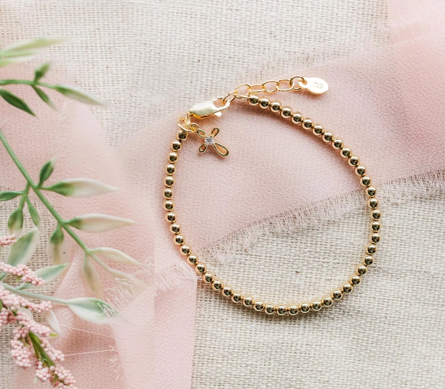 Cherished Moments Girl's 14K Gold-plated Stackable Bracelet with Cross Charm for Girls Baptism, Christening, First Communion and Keepsake Gift