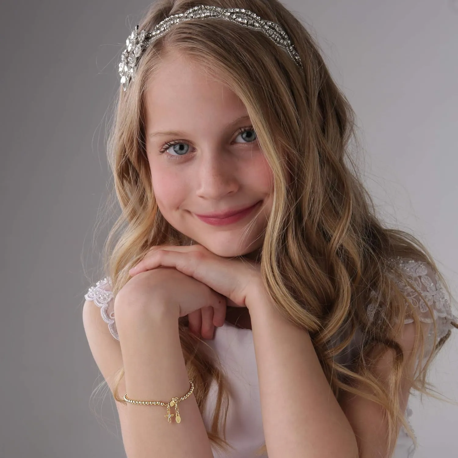 Cherished Moments Girl's 14K Gold-plated Stackable Bracelet with Cross Charm for Girls Baptism, Christening, First Communion and Keepsake Gift