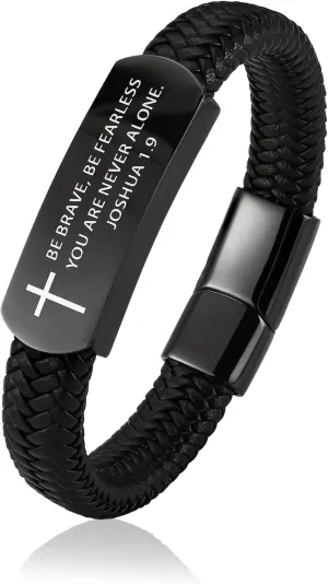 Christian Cross Bracelet for Men - Handmade Leather Braided Cuff with Inspirational Mantra, Motivational Gift for men