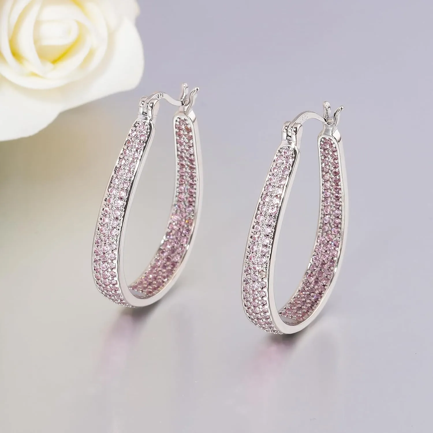 CiNily 925 Sterling Silver Post Hoop Earrings for Women Gilrs Multcolors Cubic Zircon Hoops 14K Gold Plated Oval Chunky Hoop Earrings Jewelry Gift for Mothers Day/July 4th/Wedding/Party/Christmas