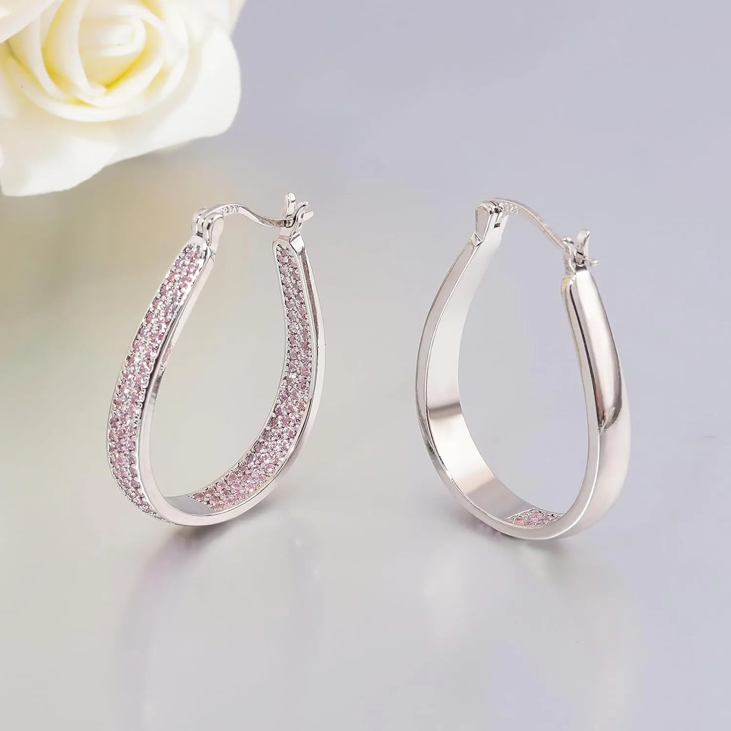CiNily 925 Sterling Silver Post Hoop Earrings for Women Gilrs Multcolors Cubic Zircon Hoops 14K Gold Plated Oval Chunky Hoop Earrings Jewelry Gift for Mothers Day/July 4th/Wedding/Party/Christmas