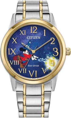 Citizen Eco-Drive Disney Sorcerers Apprentice Mickey Two Tone Stainless Steel Watch, 3 Hand, Luminous, 40mm (Model: FE7064-71W)
