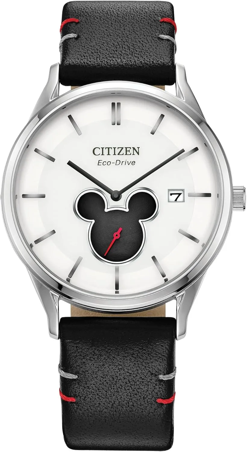 Citizen Eco-Drive Disney Unisex Watch, Stainless Steel with Leather Strap, Mickey Mouse