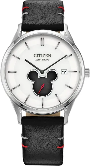 Citizen Eco-Drive Disney Unisex Watch, Stainless Steel with Leather Strap, Mickey Mouse