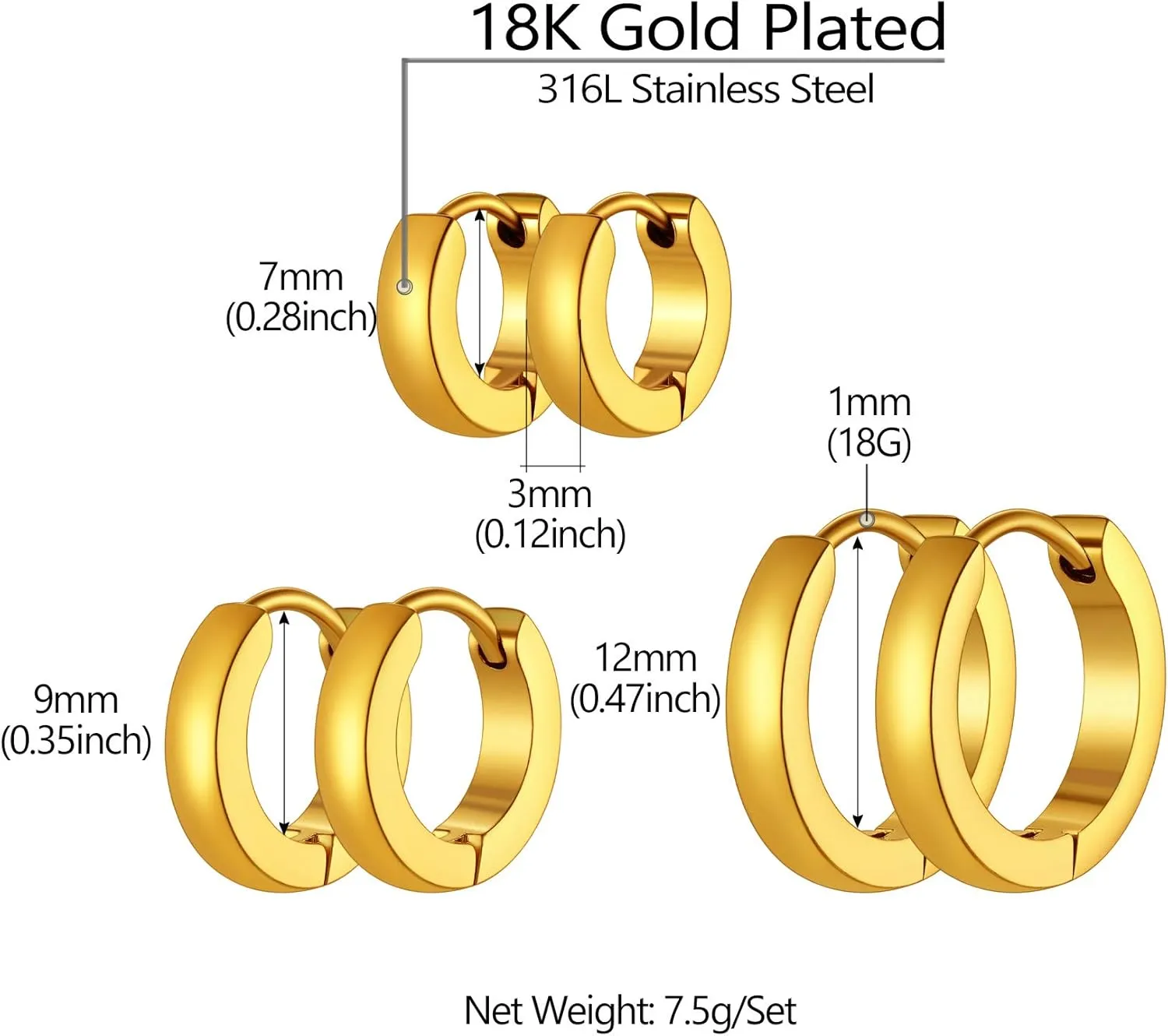 Classic 3/4/5 Pairs Small Hoop Earrings for Men Women Gold/Silver/Black Stainless Steel Huggie Hoop Earring Hypoallergenic Piercing Jewelry Set 7/9/12/14/16mm