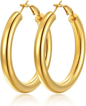 Classic Black/18K Gold Plated/Stainless Steel Hoop Earrings for Women 20mm/30mm/40mm/60mm/80mm Oversized Hypoallergenic Chunky Tube Hoops Rounded Loop Earrings Come with Box