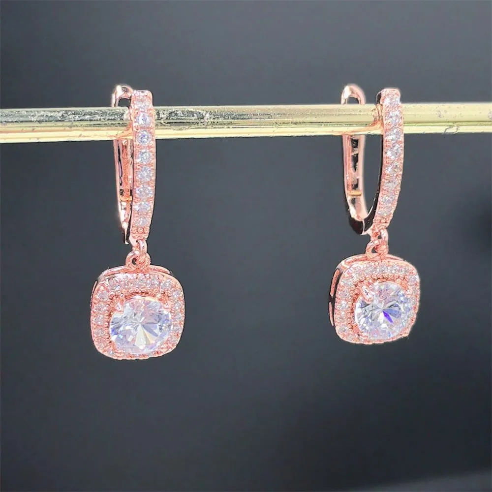 Classic Cubic Zirconia Dangle Hoop Earrings for Women Girls 18K White Gold Plated Princess Cut Square Halo CZ Charms Drop Dangling Leverback Stud Dainty Birthday Wedding Anniversary Jewelry Gifts