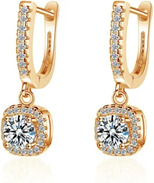 Classic Cubic Zirconia Dangle Hoop Earrings for Women Girls 18K White Gold Plated Princess Cut Square Halo CZ Charms Drop Dangling Leverback Stud Dainty Birthday Wedding Anniversary Jewelry Gifts