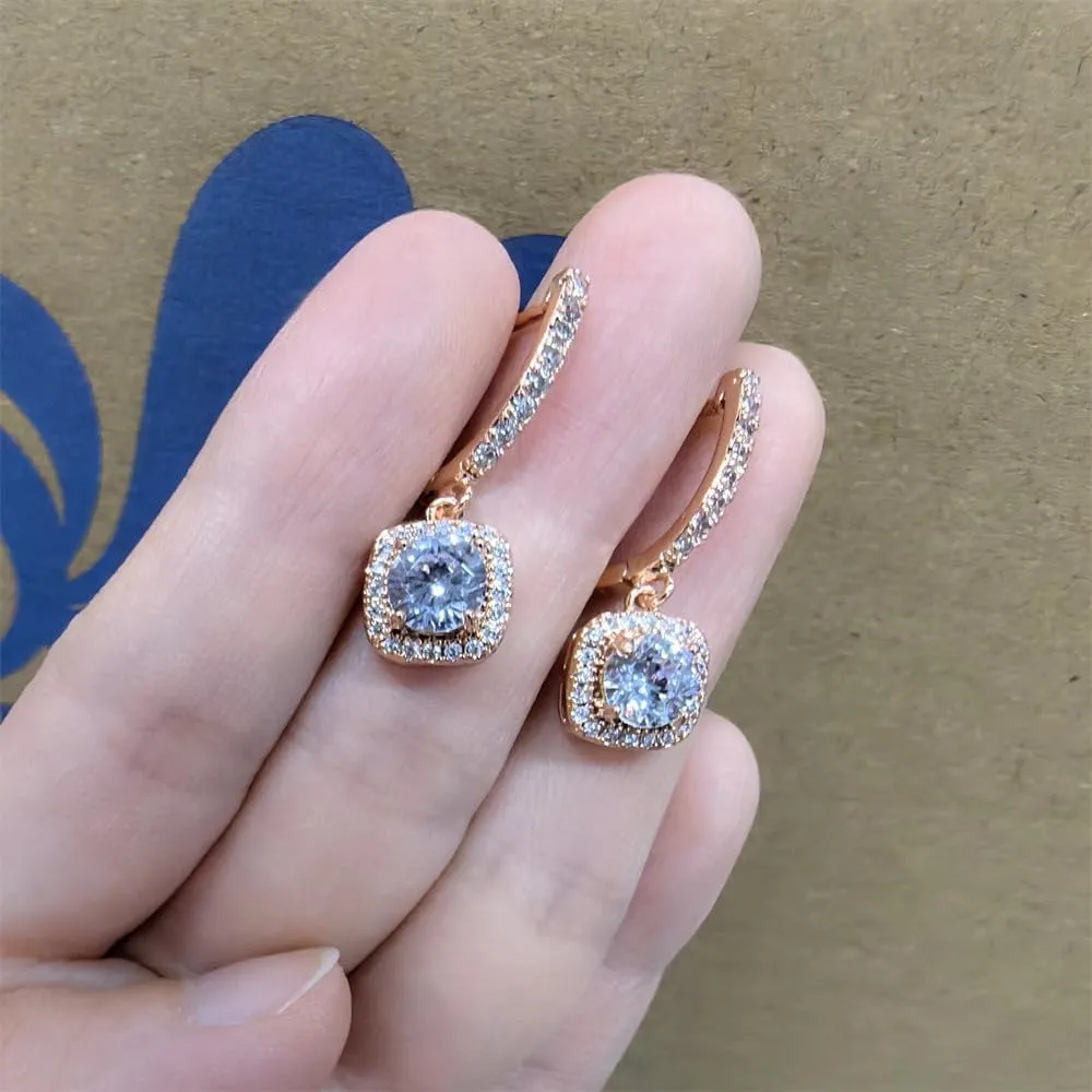 Classic Cubic Zirconia Dangle Hoop Earrings for Women Girls 18K White Gold Plated Princess Cut Square Halo CZ Charms Drop Dangling Leverback Stud Dainty Birthday Wedding Anniversary Jewelry Gifts