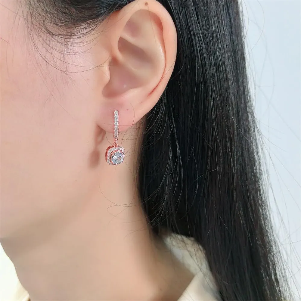 Classic Cubic Zirconia Dangle Hoop Earrings for Women Girls 18K White Gold Plated Princess Cut Square Halo CZ Charms Drop Dangling Leverback Stud Dainty Birthday Wedding Anniversary Jewelry Gifts