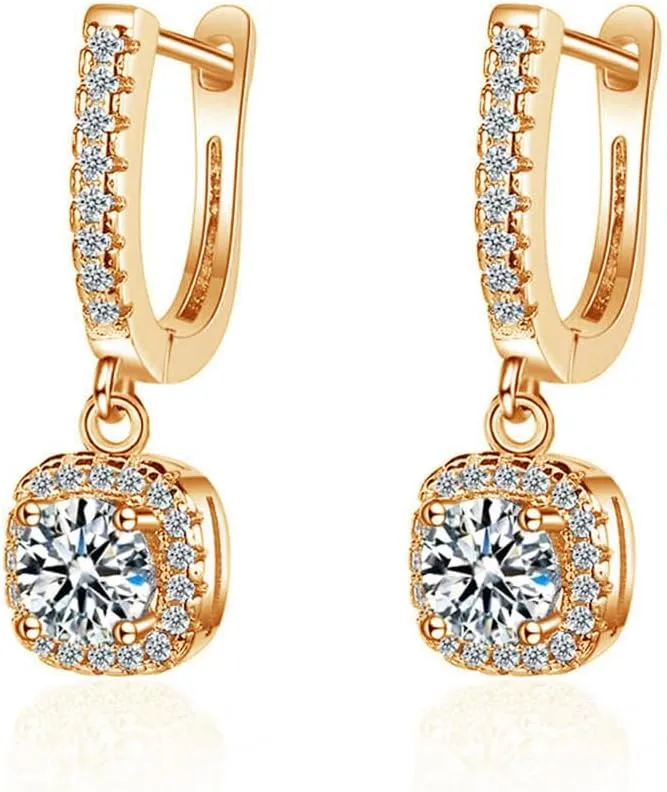Classic Cubic Zirconia Dangle Hoop Earrings for Women Girls 18K White Gold Plated Princess Cut Square Halo CZ Charms Drop Dangling Leverback Stud Dainty Birthday Wedding Anniversary Jewelry Gifts