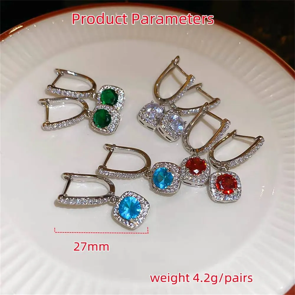 Classic Cubic Zirconia Dangle Hoop Earrings for Women Girls 18K White Gold Plated Princess Cut Square Halo CZ Charms Drop Dangling Leverback Stud Dainty Birthday Wedding Anniversary Jewelry Gifts