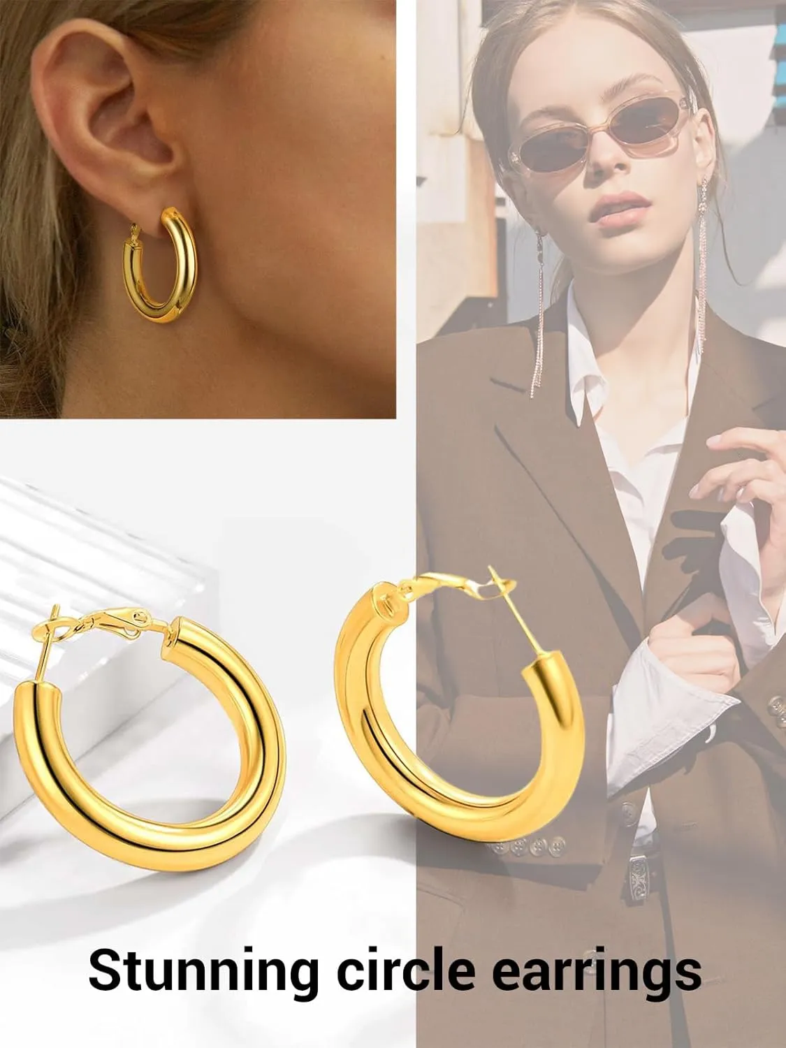 Classic Hoop Earrings for Women Stainless Steel/18K Gold Plated/Black Earrings, Chunky Hoops Earrings Size 30mm/40mm/60mm/80mm