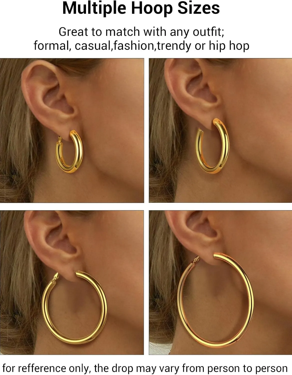 Classic Hoop Earrings for Women Stainless Steel/18K Gold Plated/Black Earrings, Chunky Hoops Earrings Size 30mm/40mm/60mm/80mm