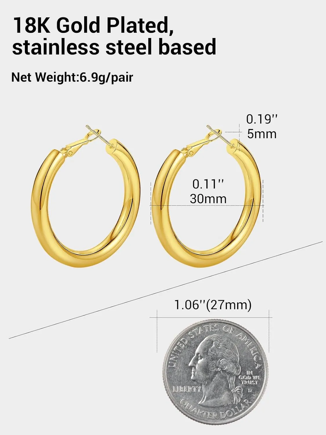 Classic Hoop Earrings for Women Stainless Steel/18K Gold Plated/Black Earrings, Chunky Hoops Earrings Size 30mm/40mm/60mm/80mm