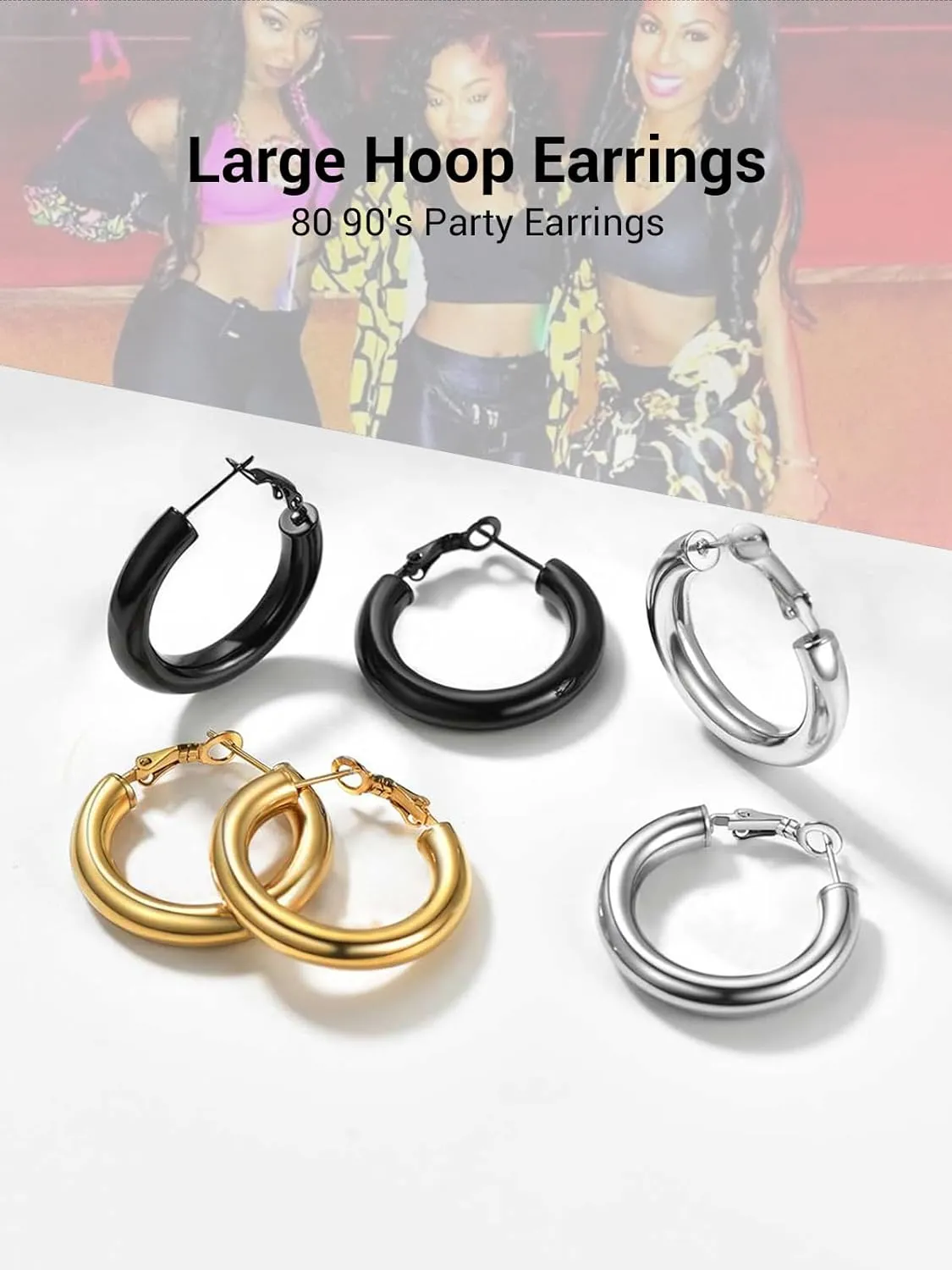 Classic Hoop Earrings for Women Stainless Steel/18K Gold Plated/Black Earrings, Chunky Hoops Earrings Size 30mm/40mm/60mm/80mm