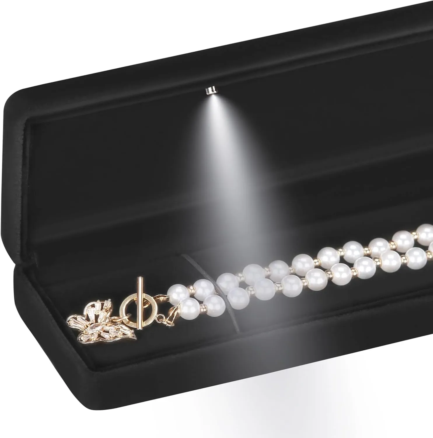 Classic Metal Glossy Jewelry Necklace Long Chain Gift Box with LED Light, Velvet Jewelry Pendant Storage Display Case for Proposal Engagement Wedding Anniversary Birthday Ceremony (Black)