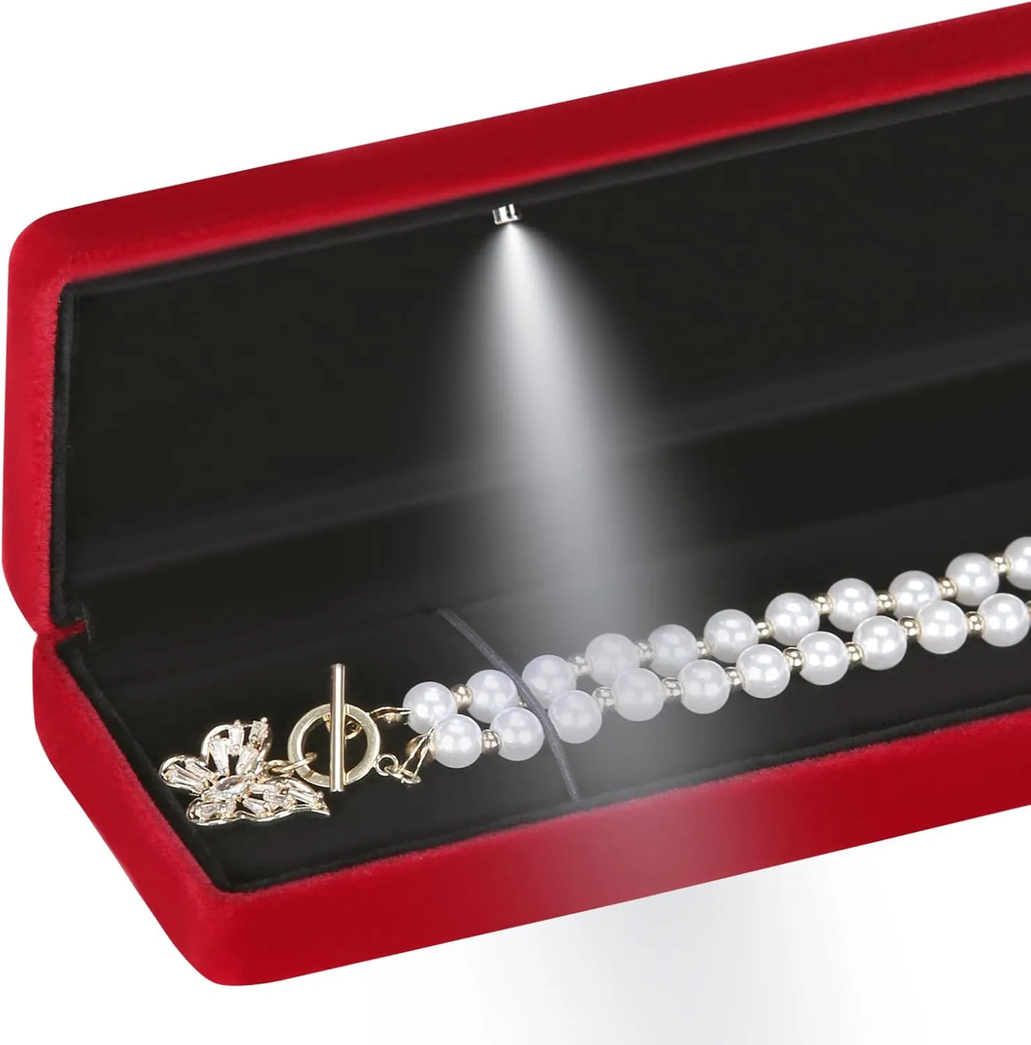 Classic Metal Glossy Jewelry Necklace Long Chain Gift Box with LED Light, Velvet Jewelry Pendant Storage Display Case for Proposal Engagement Wedding Anniversary Birthday Ceremony (Red)