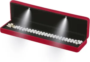 Classic Metal Glossy Jewelry Necklace Long Chain Gift Box with LED Light, Velvet Jewelry Pendant Storage Display Case for Proposal Engagement Wedding Anniversary Birthday Ceremony (Red)