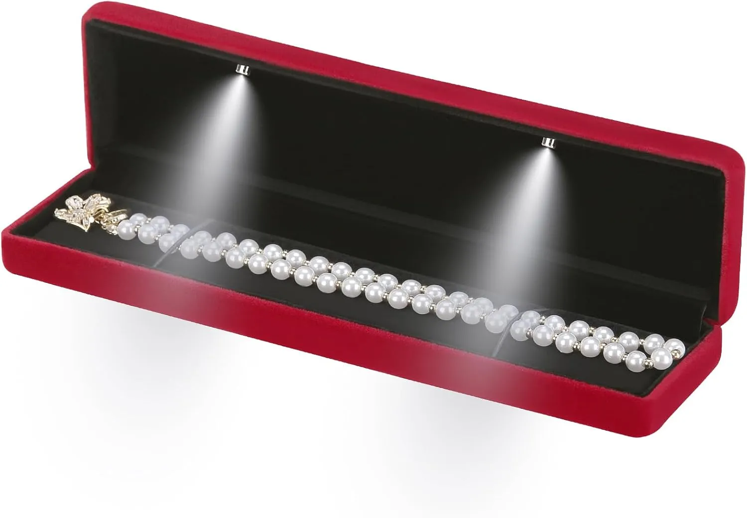 Classic Metal Glossy Jewelry Necklace Long Chain Gift Box with LED Light, Velvet Jewelry Pendant Storage Display Case for Proposal Engagement Wedding Anniversary Birthday Ceremony (Red)
