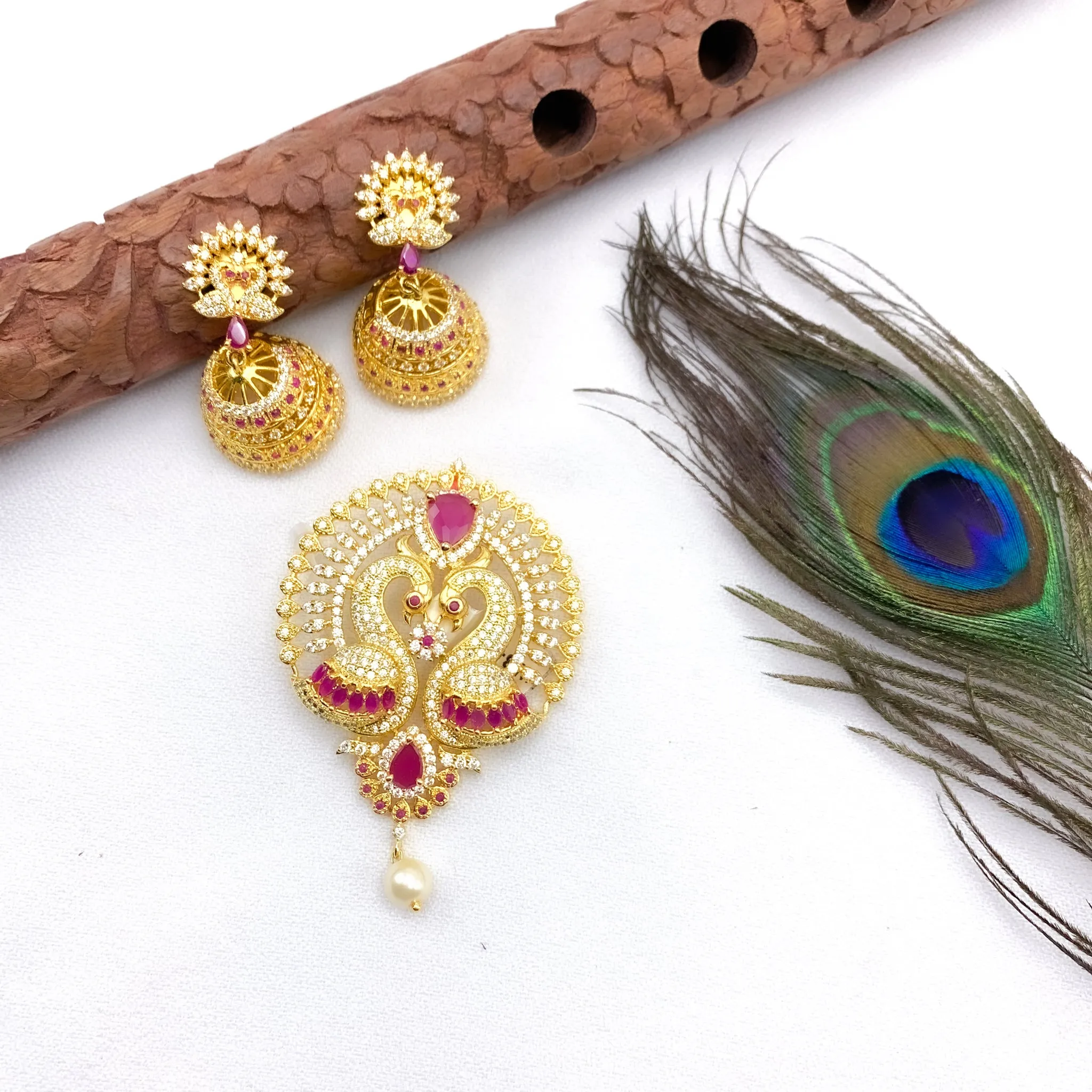 Classic Peacock Zircon (CZ) stone Pendant set with Jhumka Earring
