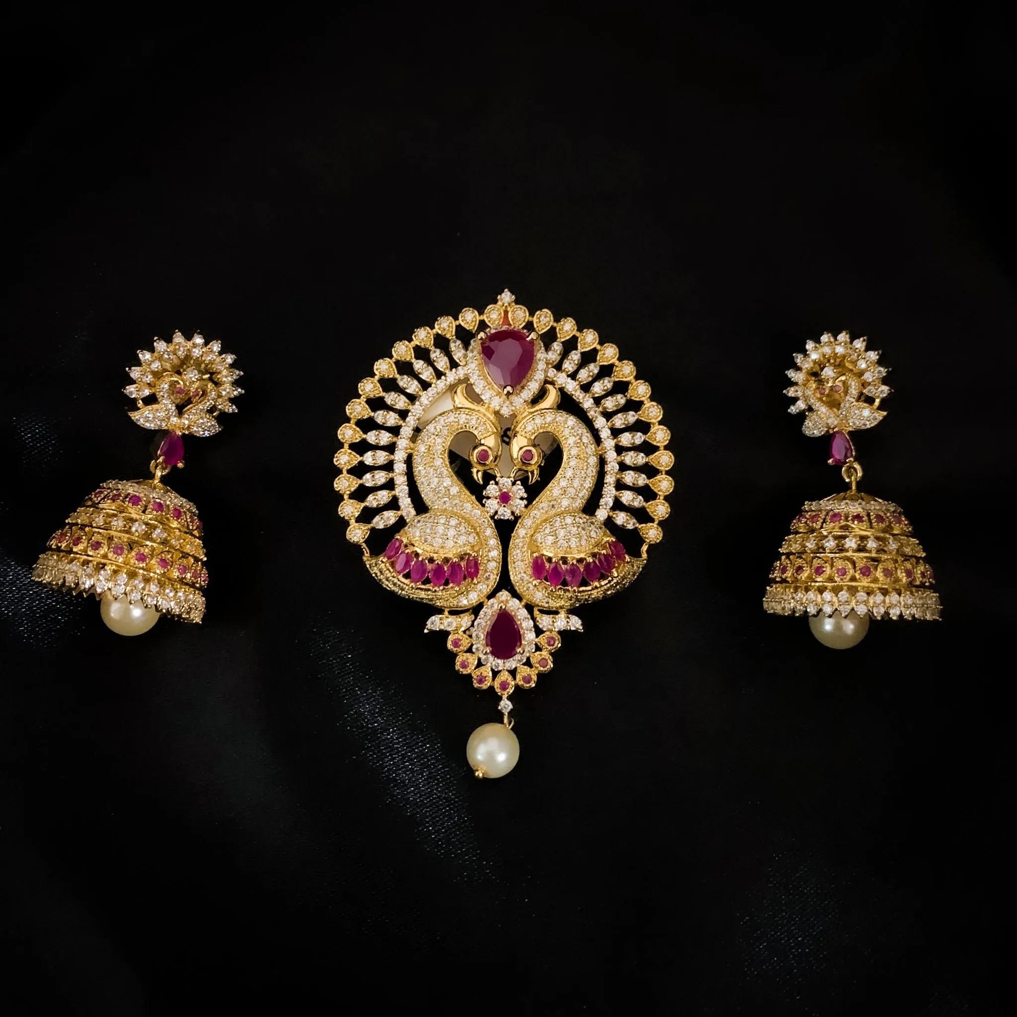 Classic Peacock Zircon (CZ) stone Pendant set with Jhumka Earring