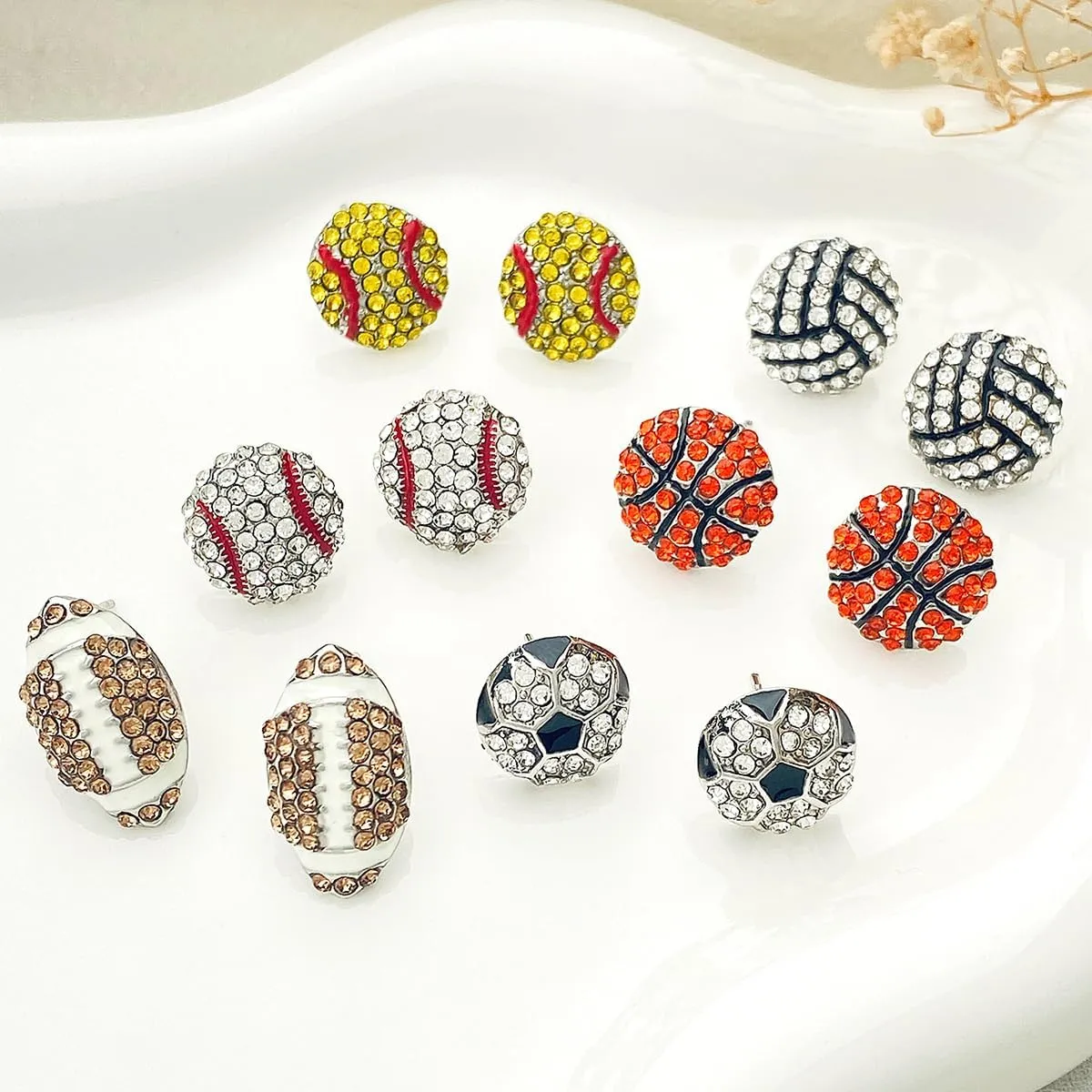 Classic Rhinestone Baseball Basketball Rugby Stud Earrings Cubic Zirconia Motion Stud Earrings Hypoallergenic Round Stud Earrings Sports Fans Players Sports Lover Jewelry for Women Men