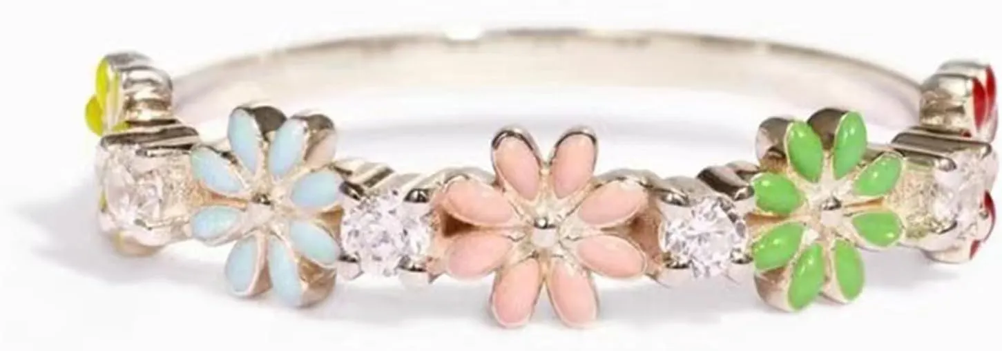 Color Daisy 925 Sterling Silver Wedding Band Plated with 18K White Gold Stackable Promise Engagement Rings Brand Jewelry Adjustable