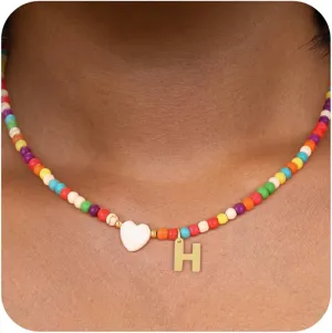 Colorful Beaded Initial Necklace for Girls - Trendy Handmade Choker Necklace with Stainless Steel Letter Charm and Heart Pendant, Bohemian Initial Necklace Perfect Jewelry Gift for Women and Teen Girls