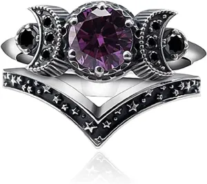 COLORFUL BLING Amethyst Triple Godness Moon Band Ring Set Purple Crystal Wicca Pagan Cresent for Women Wedding Engagement Promise Jewelry