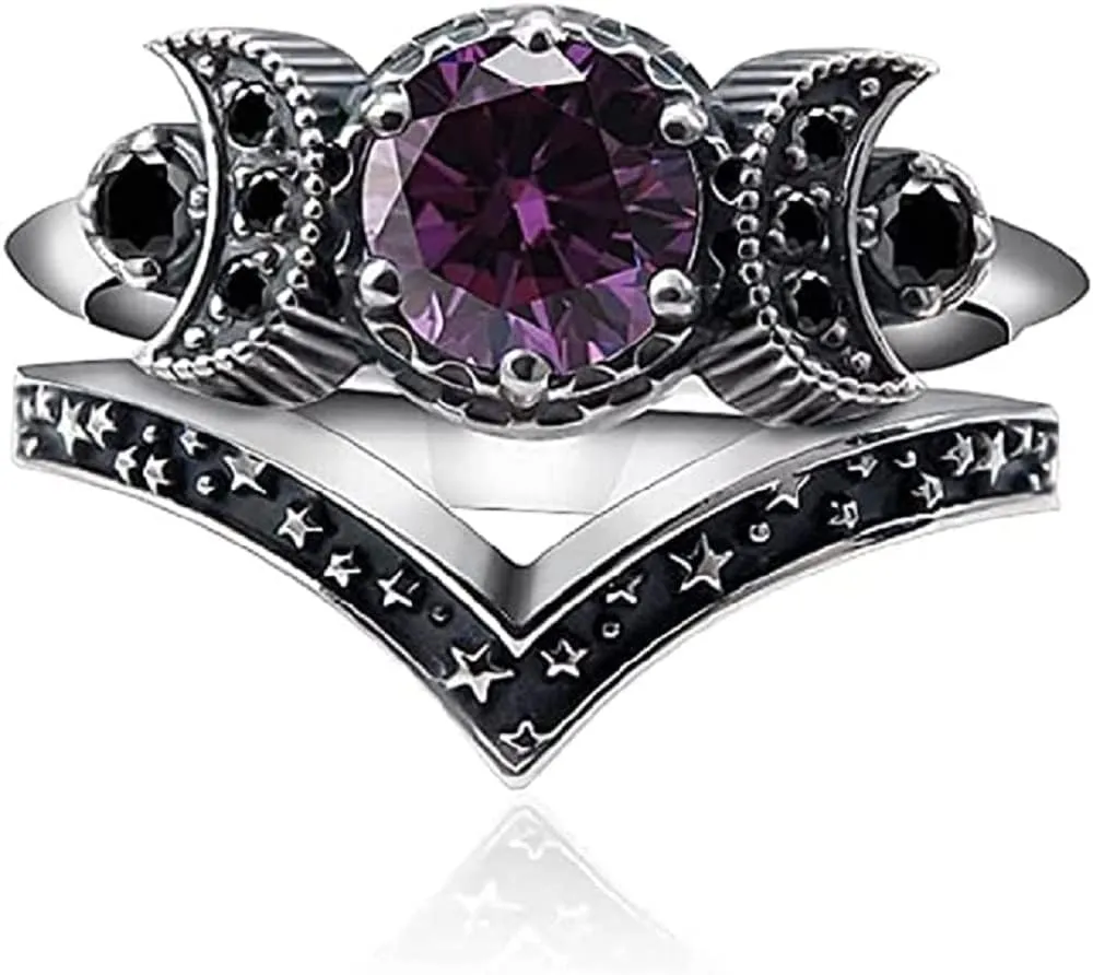 COLORFUL BLING Amethyst Triple Godness Moon Band Ring Set Purple Crystal Wicca Pagan Cresent for Women Wedding Engagement Promise Jewelry