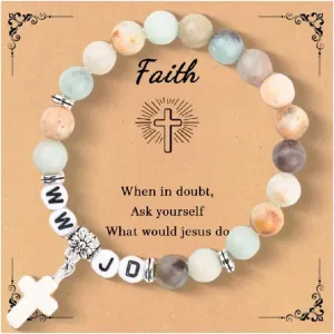 COLORFUL BLING Natural Healing Stone WWJD Beaded Strand Adjustable Bracelet with Meaningful Card Inspirational for Women Jewelry Gifts What Would Jesus Do Woven Wristbands Faith